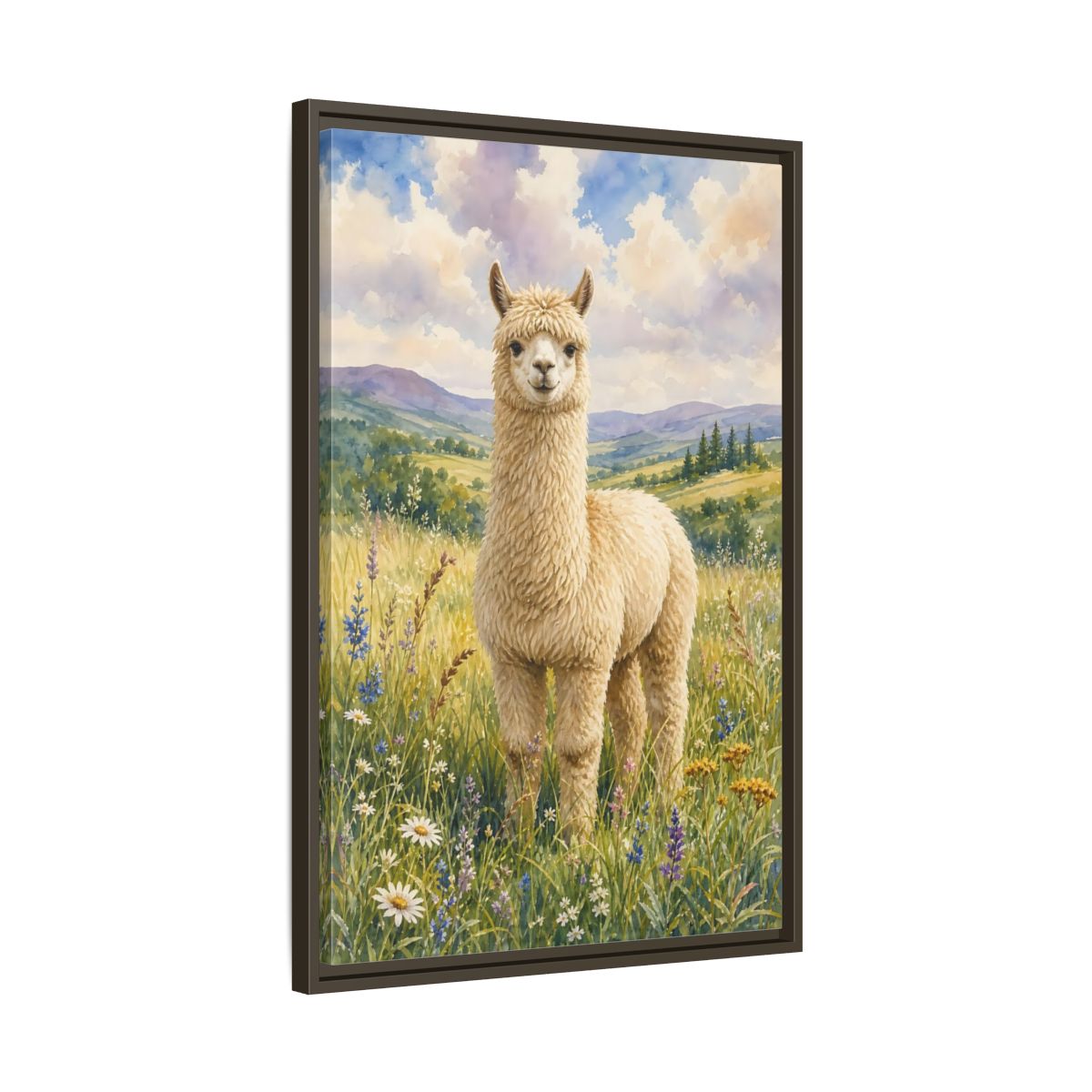 Side Mockup 11. Animals Alpaca Alpaca Watercolor shown as stretched canvas wall art