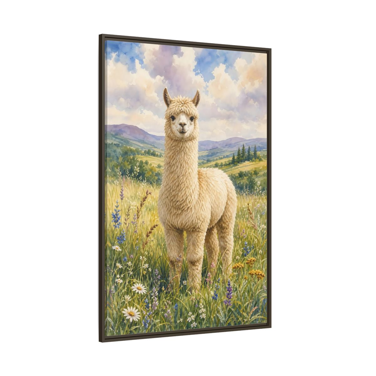 Side Mockup 8. Animals Alpaca Alpaca Watercolor shown as stretched canvas wall art