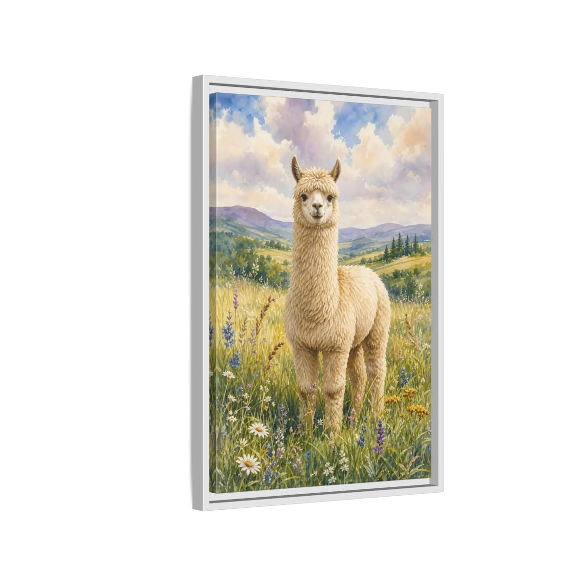 Side Mockup 1. Animals Alpaca Alpaca Watercolor shown as stretched canvas wall art