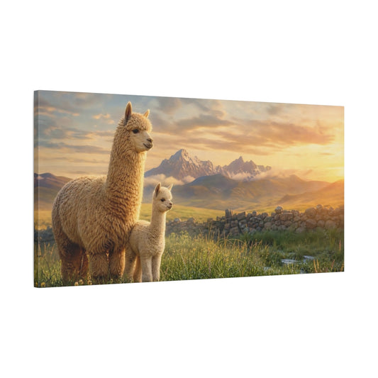 Main Mockup. Animals Alpacas Brown And Gold shown as stretched canvas wall art