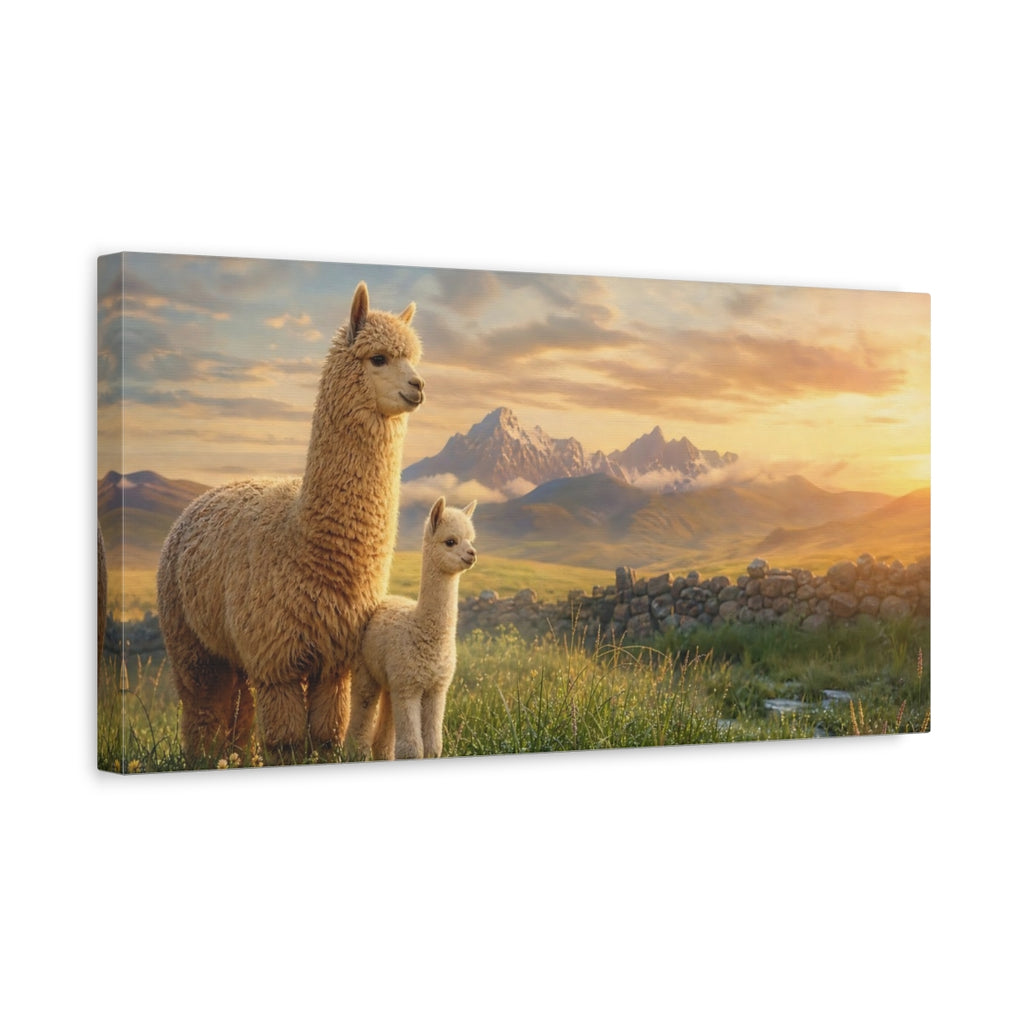 Side Mockup 3. Animals Alpacas Brown And Gold shown as stretched canvas wall art