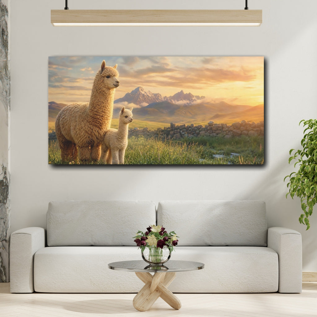 Mockup 2. Animals Alpacas Brown And Gold shown as stretched canvas wall art