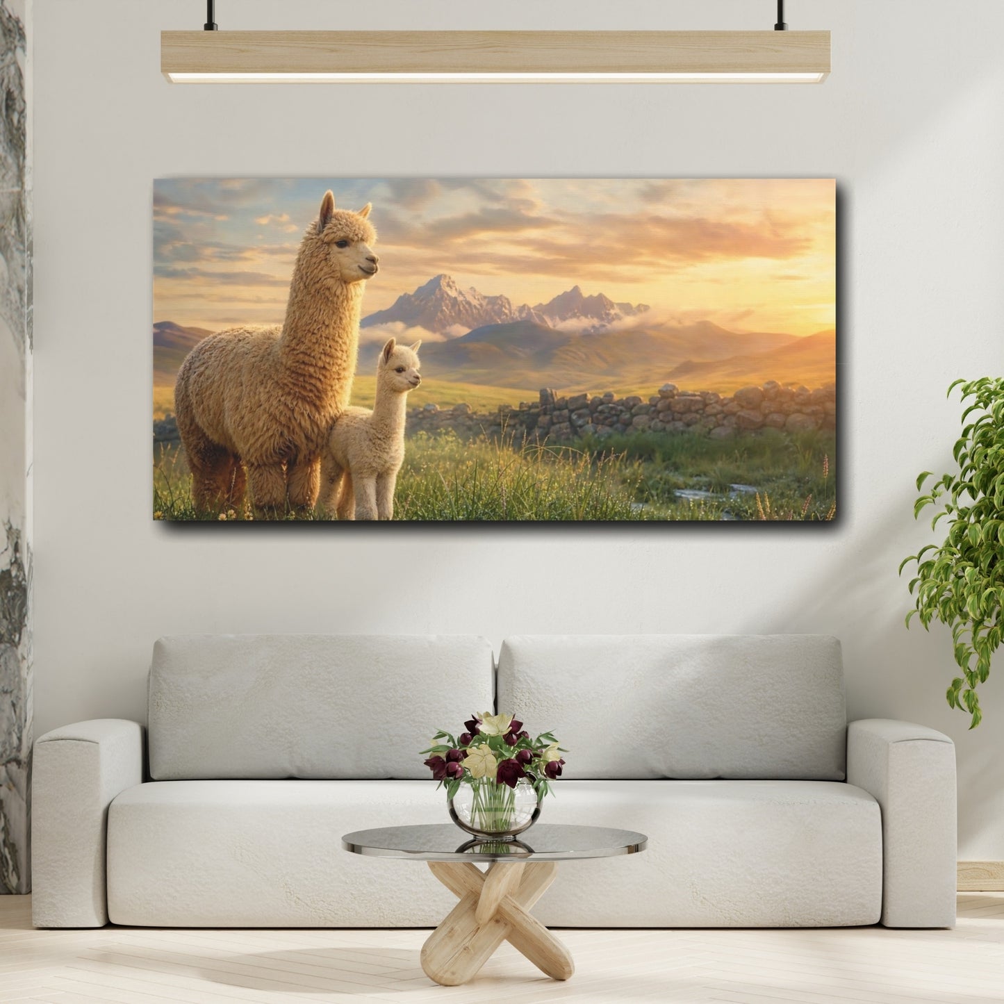 Mockup 2. Animals Alpacas Brown And Gold shown as stretched canvas wall art