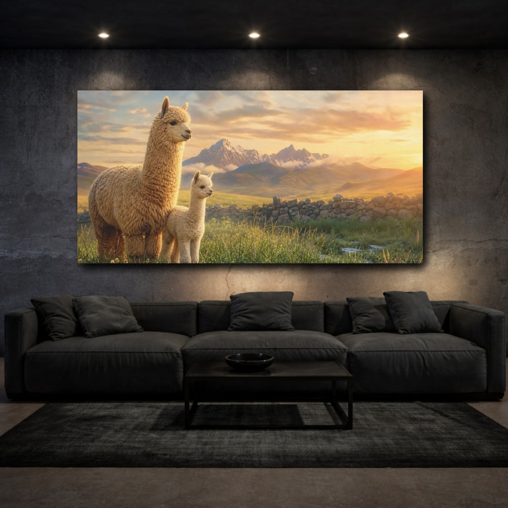Mockup 3. Animals Alpacas Brown And Gold shown as stretched canvas wall art