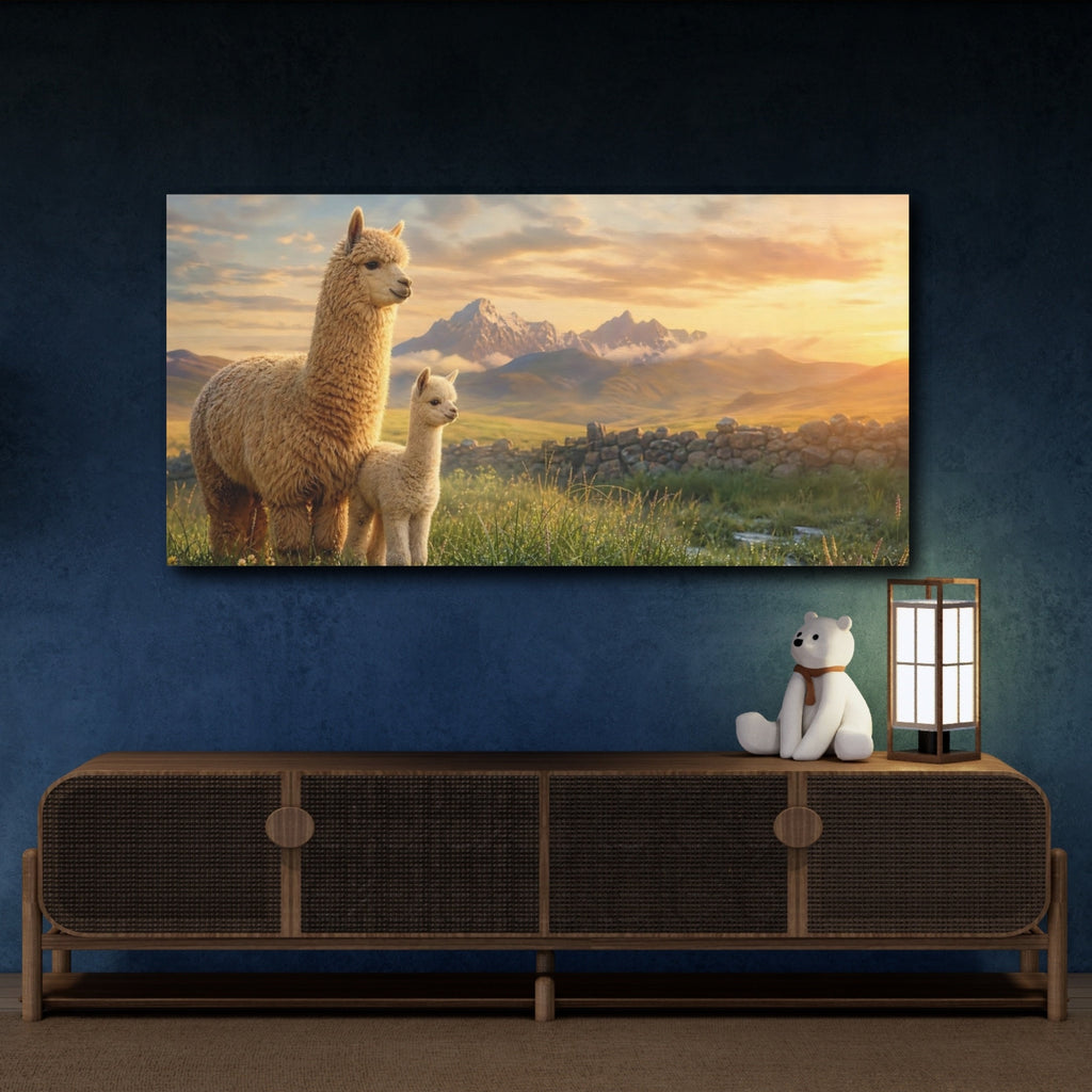 Mockup 4. Animals Alpacas Brown And Gold shown as stretched canvas wall art