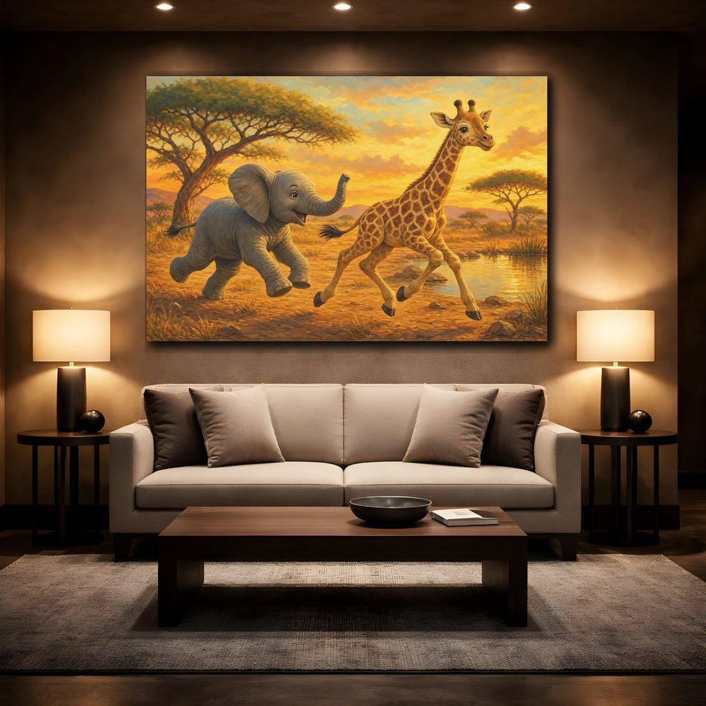 Mockup 2. Animals Baby Animals Safari Sunset shown as stretched canvas wall art
