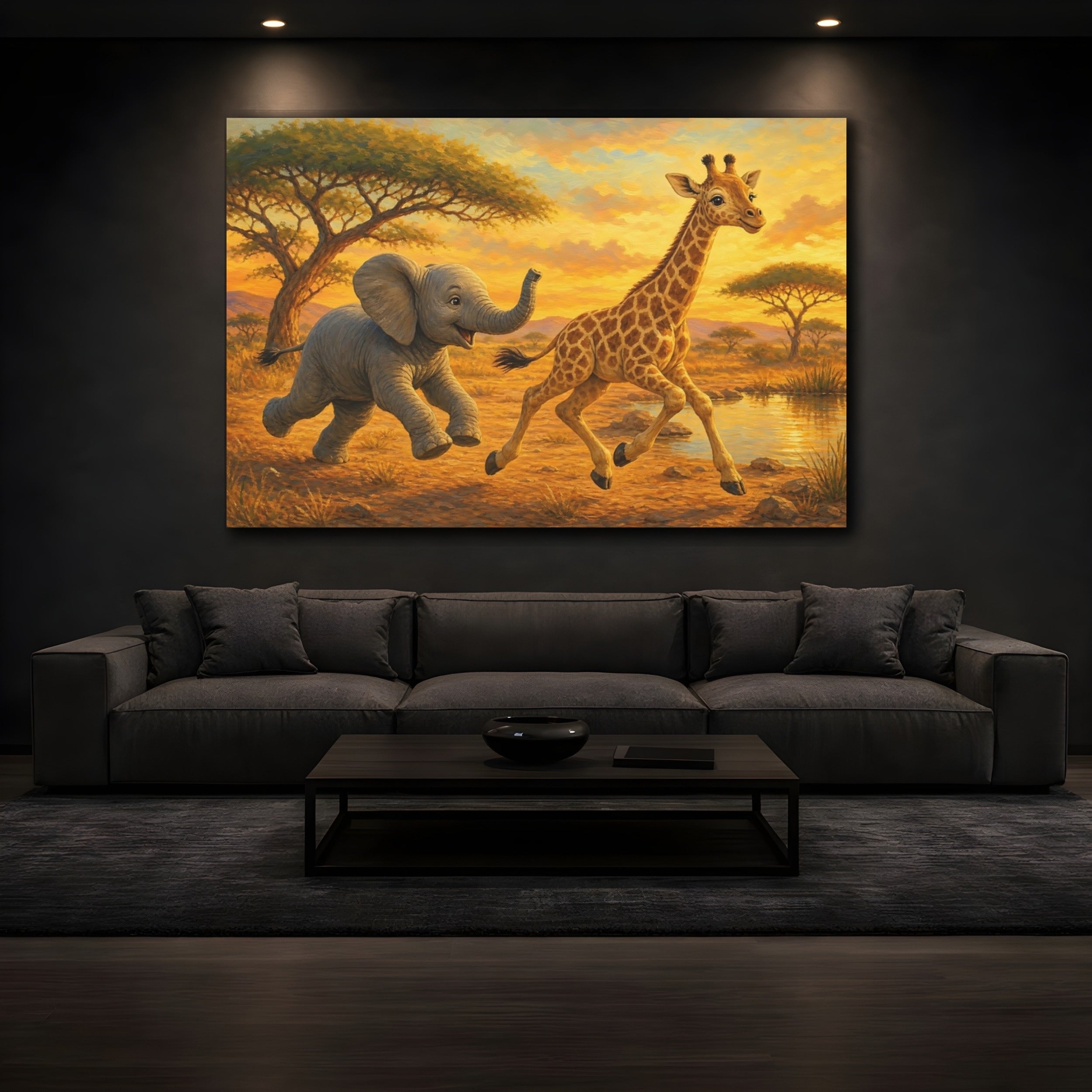 Mockup 3. Animals Baby Animals Safari Sunset shown as stretched canvas wall art