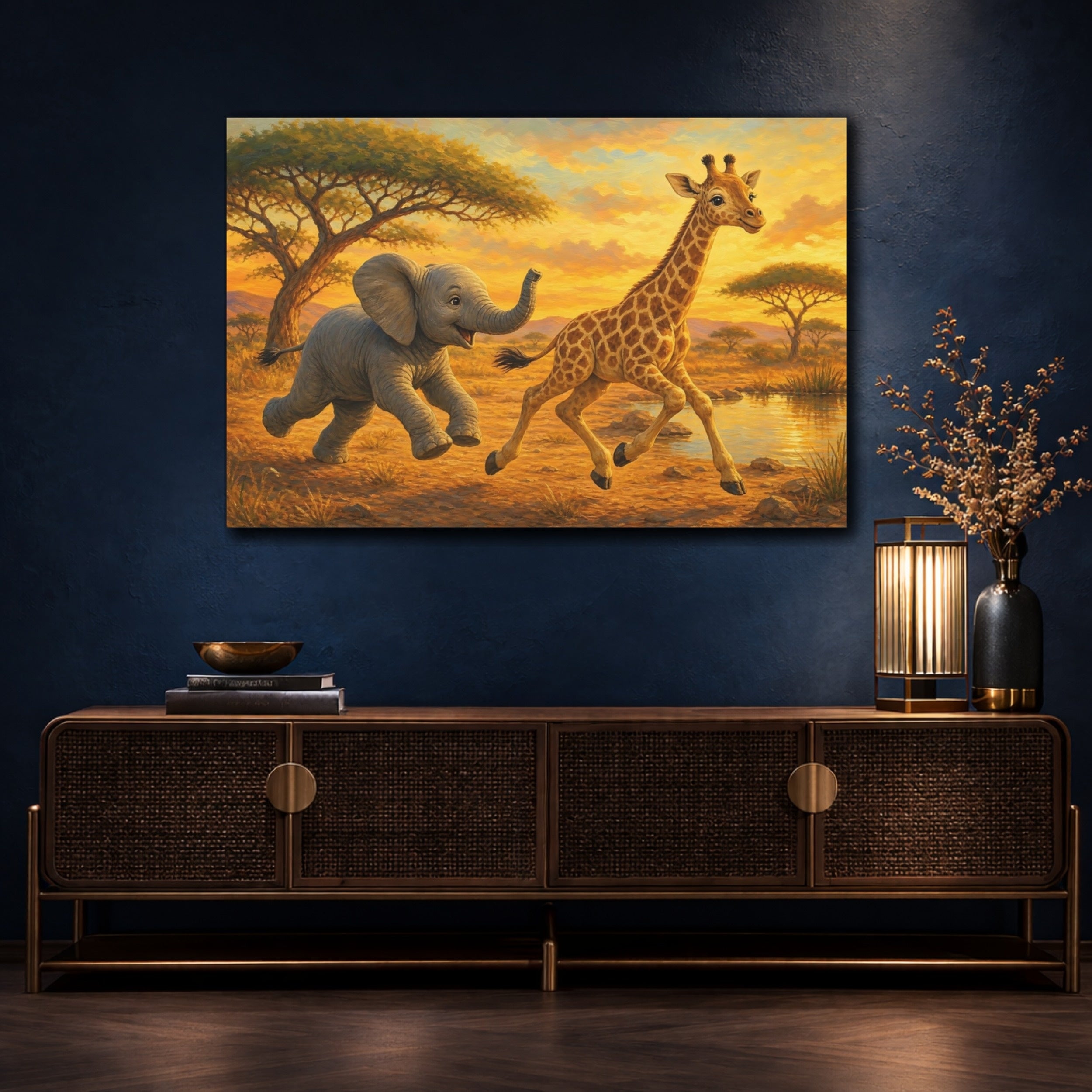 Mockup 4. Animals Baby Animals Safari Sunset shown as stretched canvas wall art
