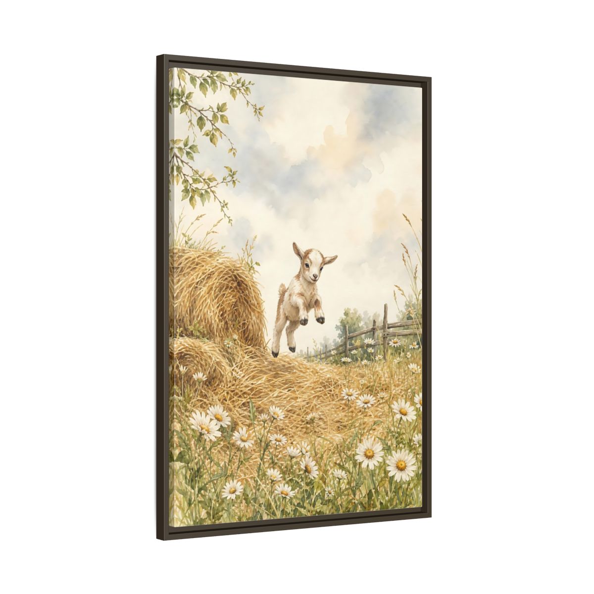Main Mockup. Animals Baby Goat Baby Goat Meadow shown as stretched canvas wall art