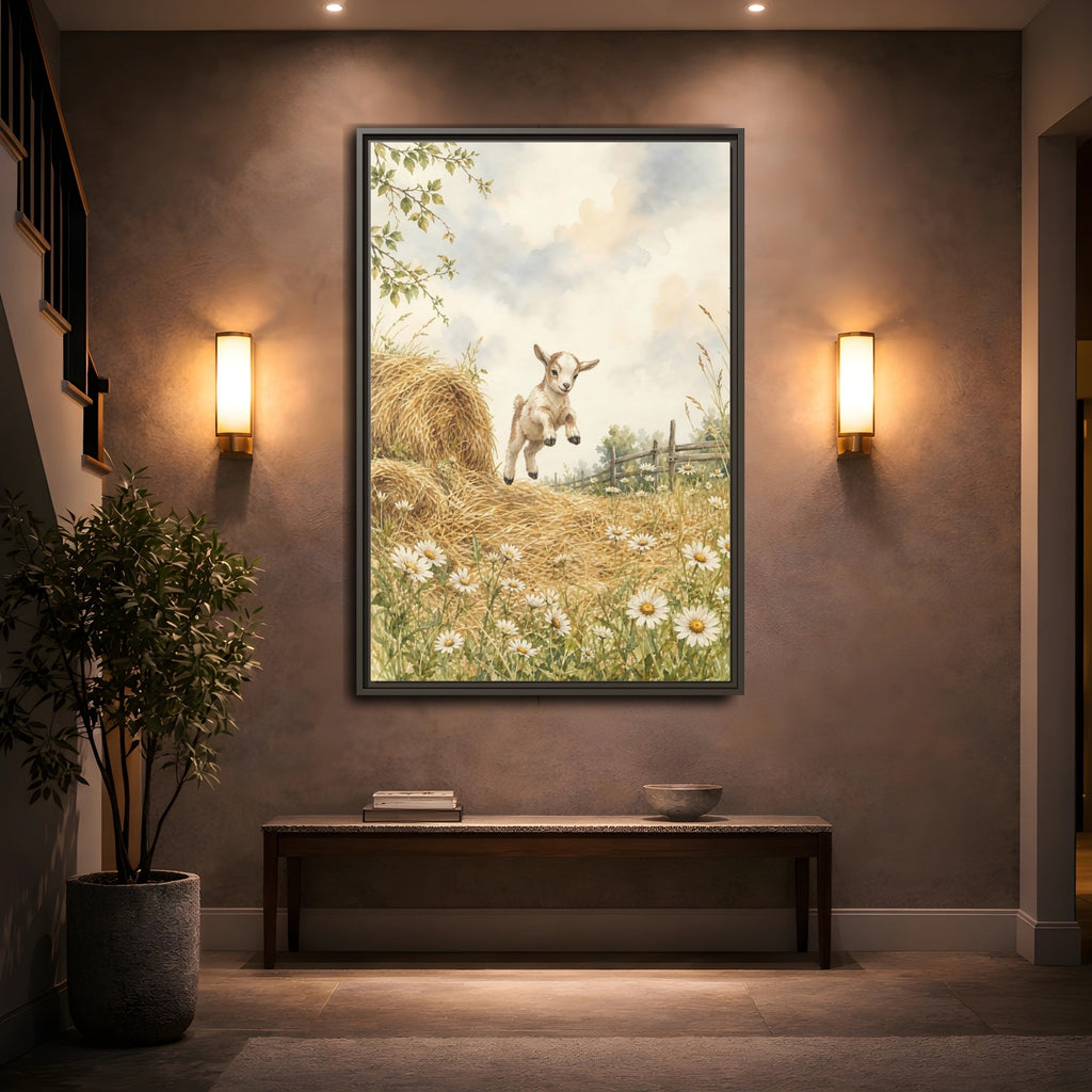 Mockup 2. Animals Baby Goat Baby Goat Meadow shown as stretched canvas wall art