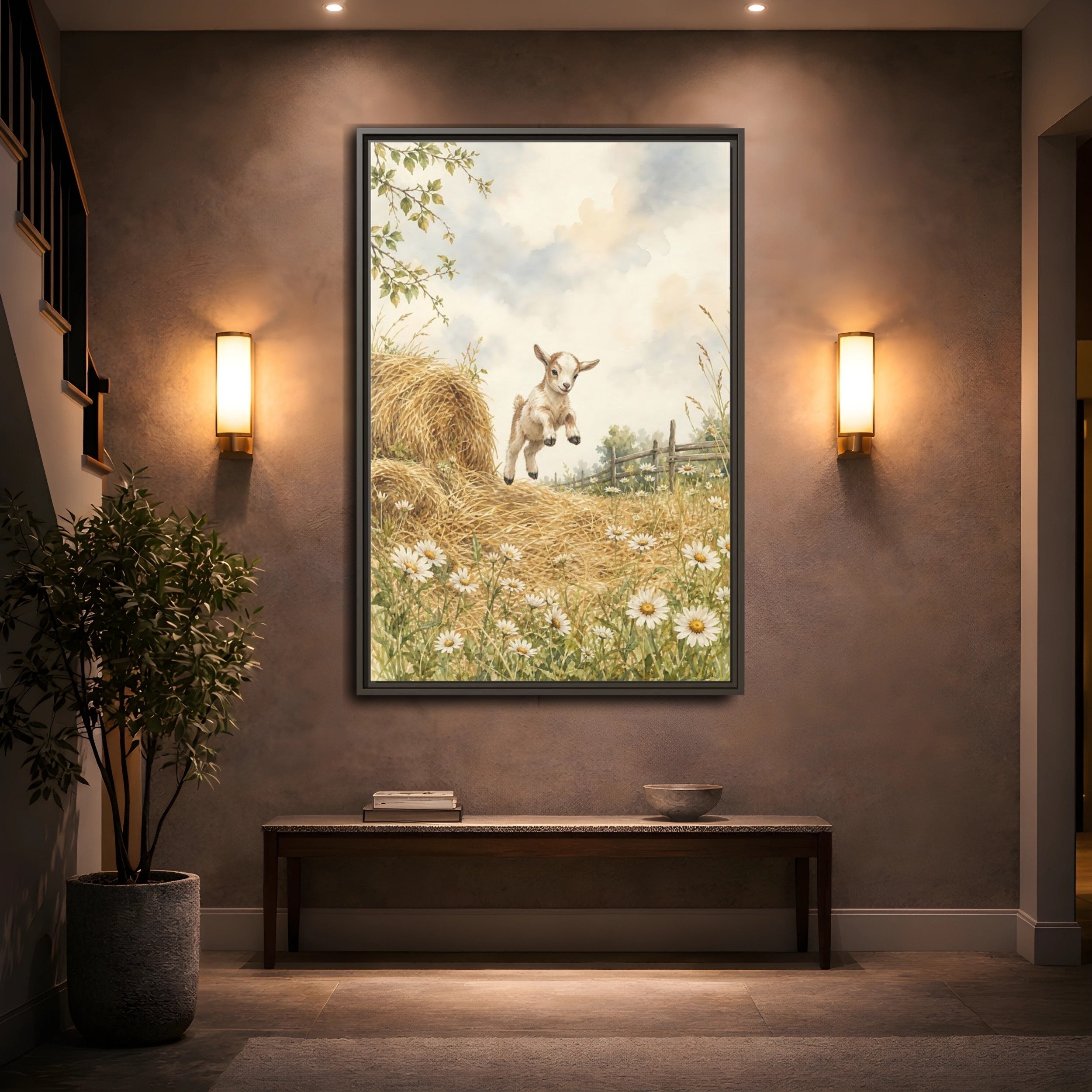 Mockup 2. Animals Baby Goat Baby Goat Meadow shown as stretched canvas wall art