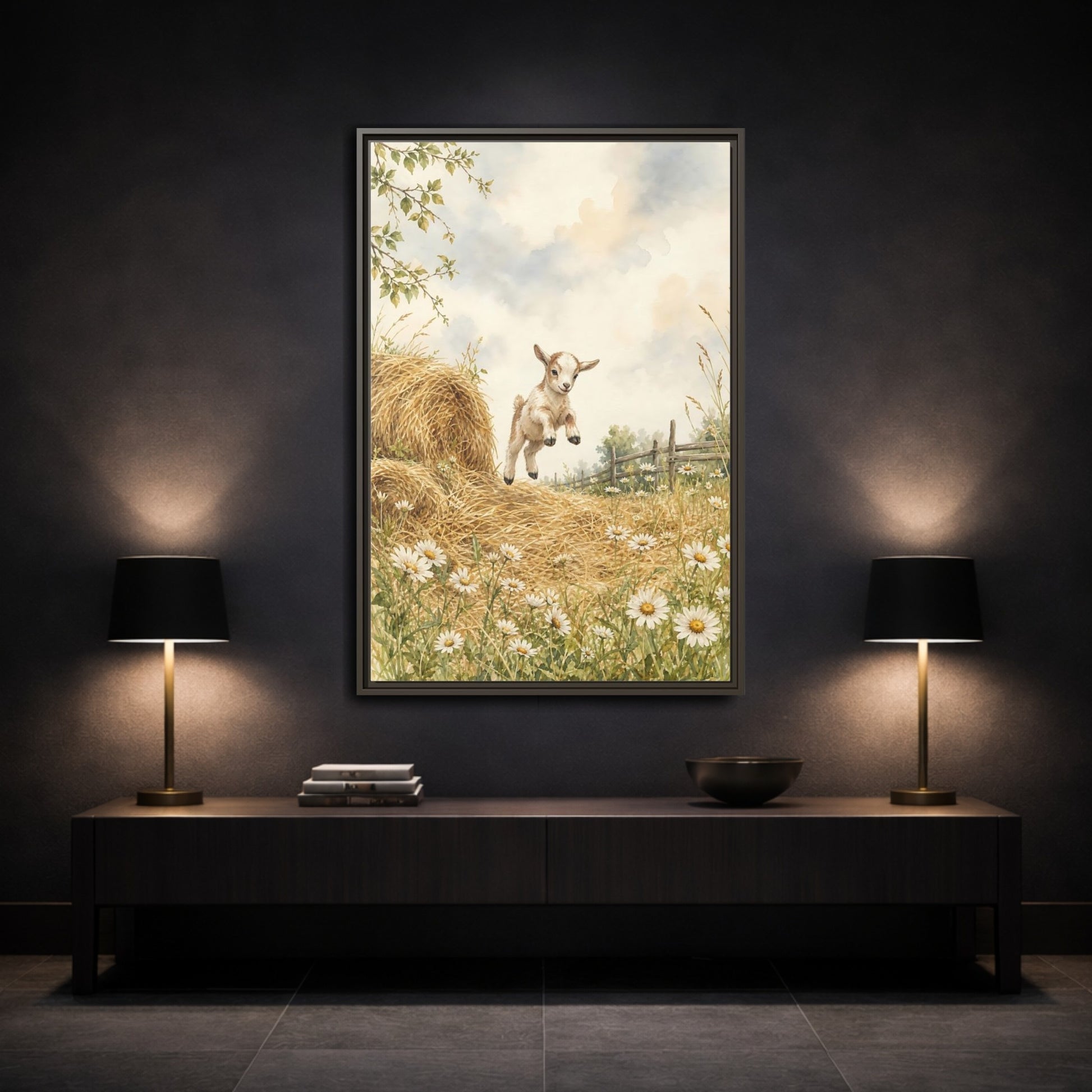 Mockup 3. Animals Baby Goat Baby Goat Meadow shown as stretched canvas wall art