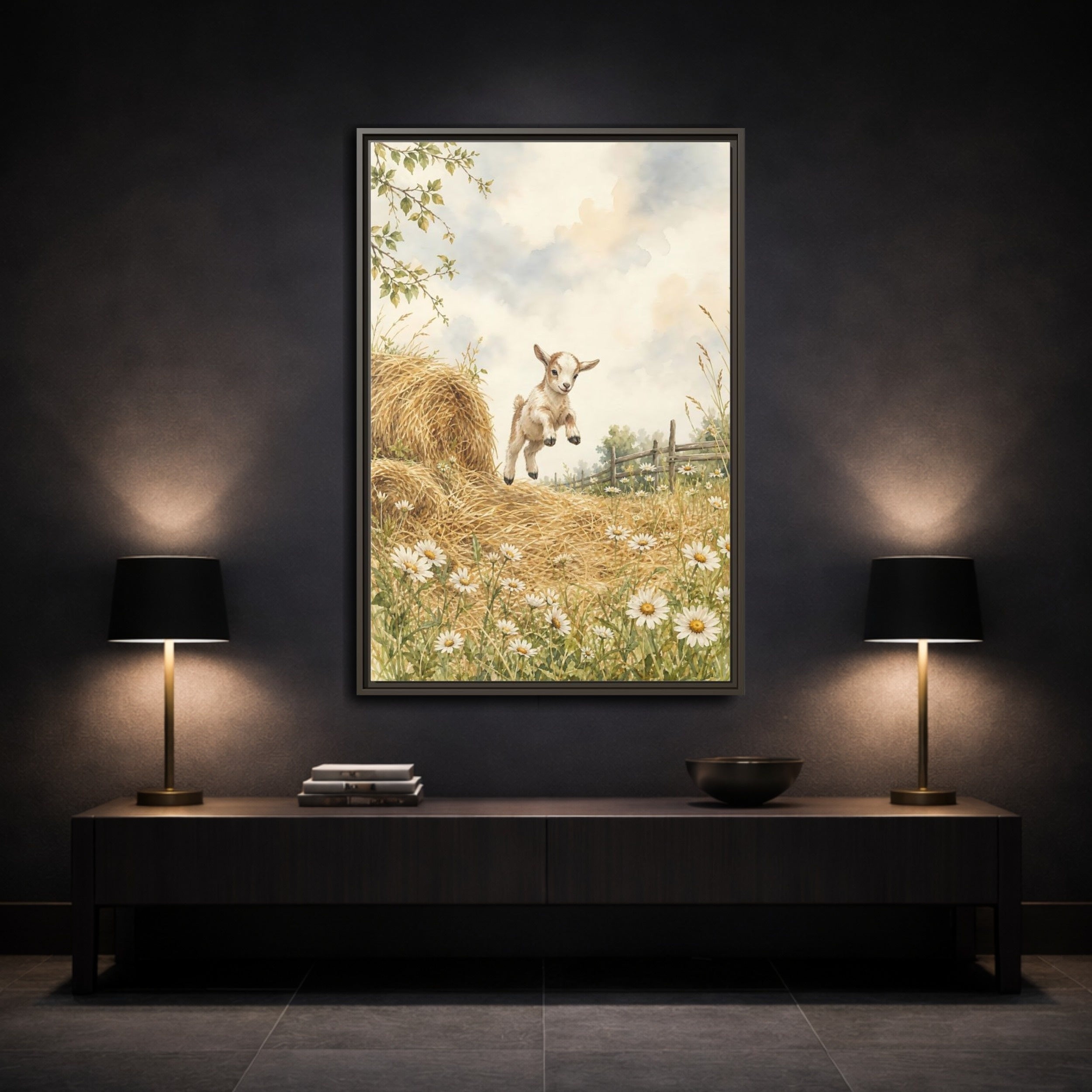 Mockup 3. Animals Baby Goat Baby Goat Meadow shown as stretched canvas wall art