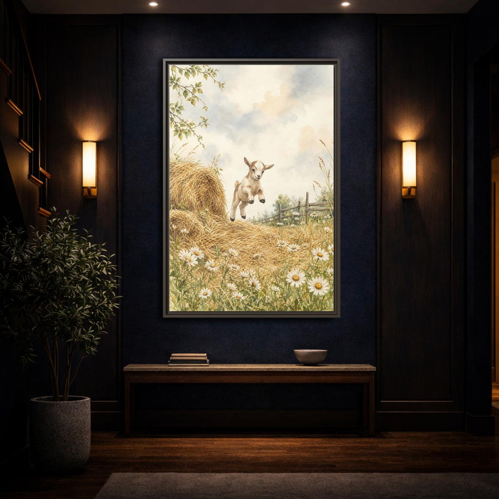 Mockup 4. Animals Baby Goat Baby Goat Meadow shown as stretched canvas wall art