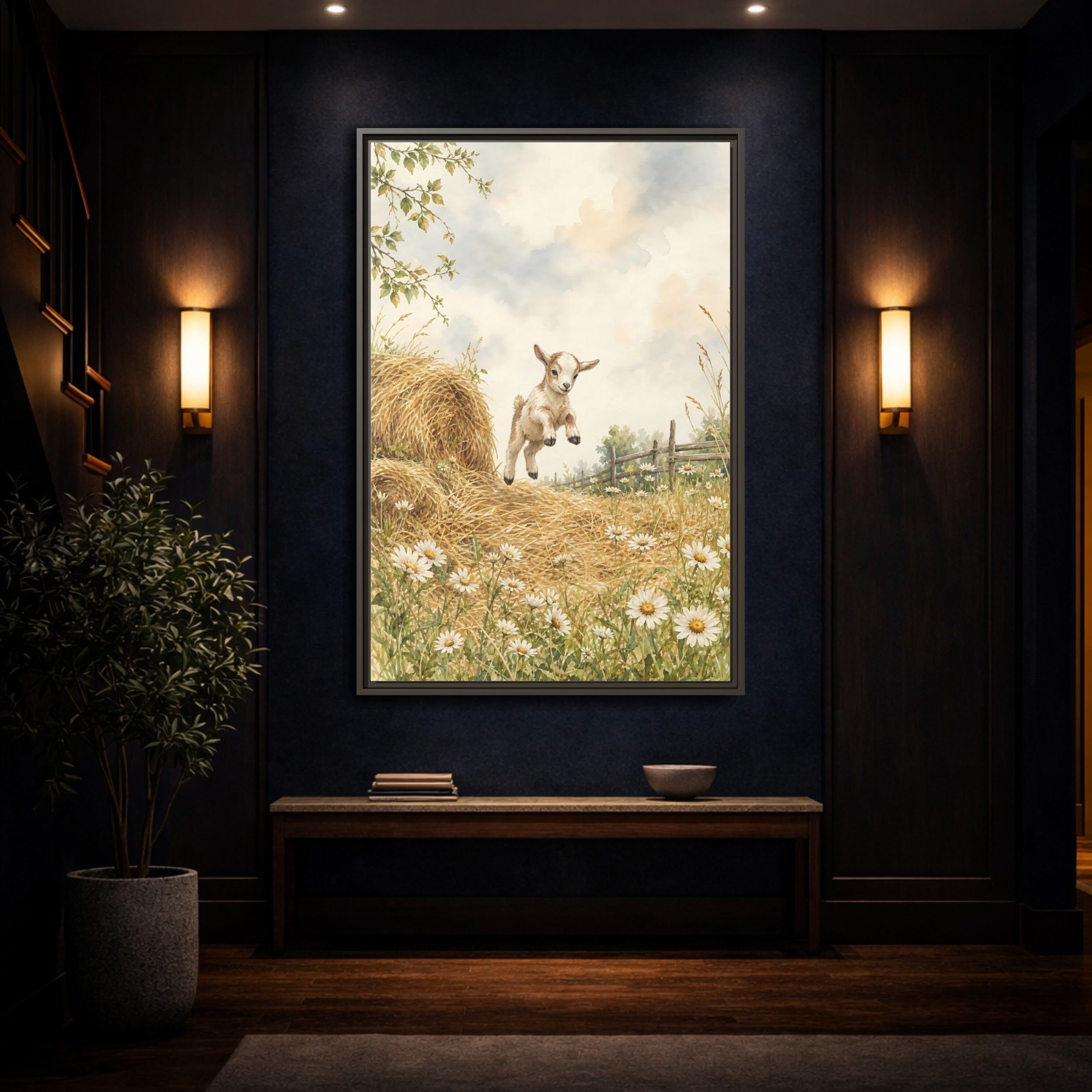 Mockup 4. Animals Baby Goat Baby Goat Meadow shown as stretched canvas wall art