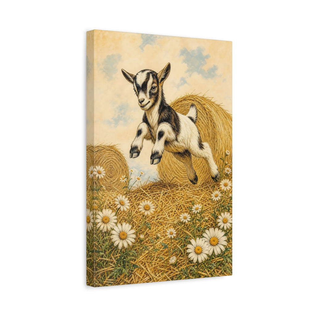 Side Mockup 4. Animals Baby Goat Brown And White Goat shown as stretched canvas wall art