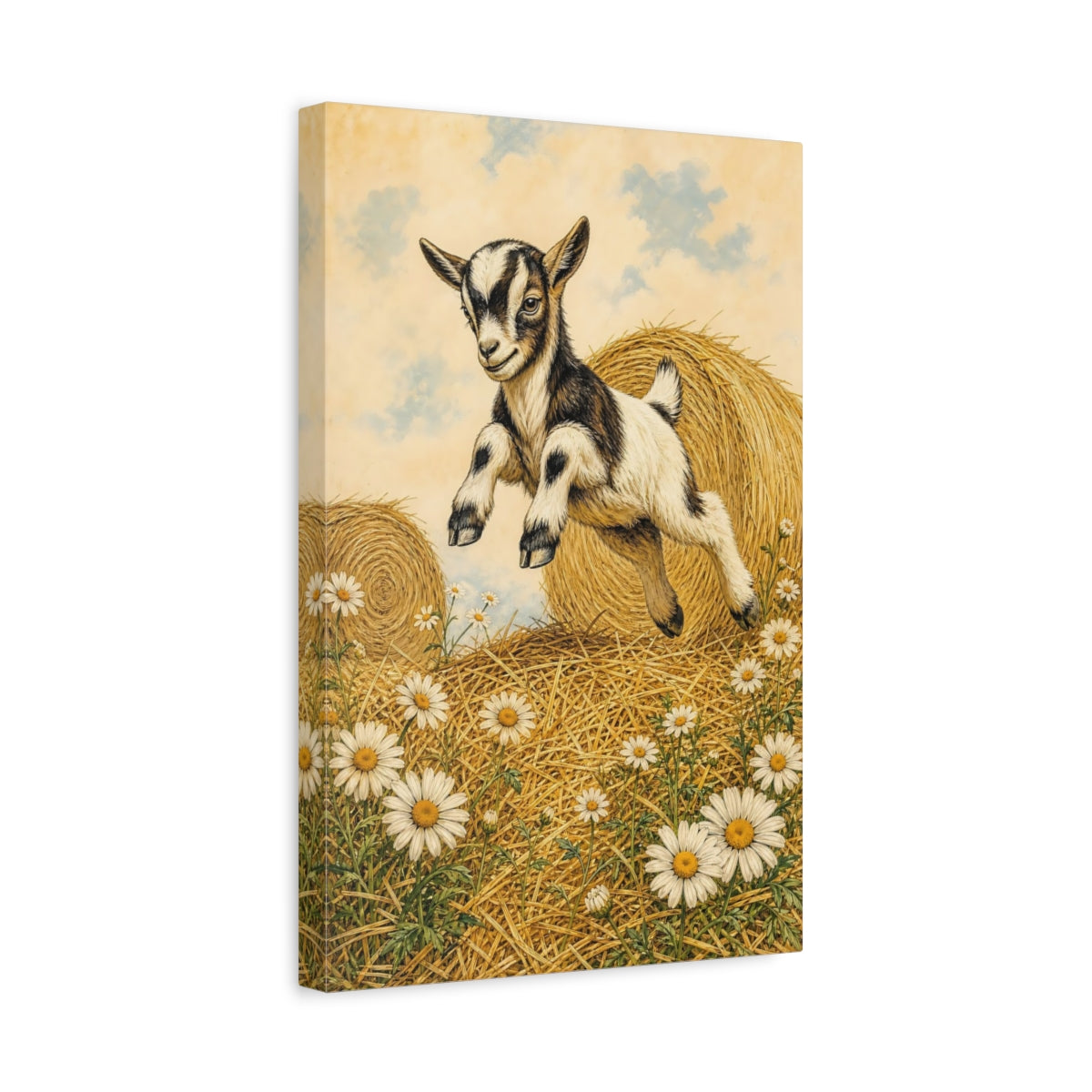Side Mockup 4. Animals Baby Goat Brown And White Goat shown as stretched canvas wall art