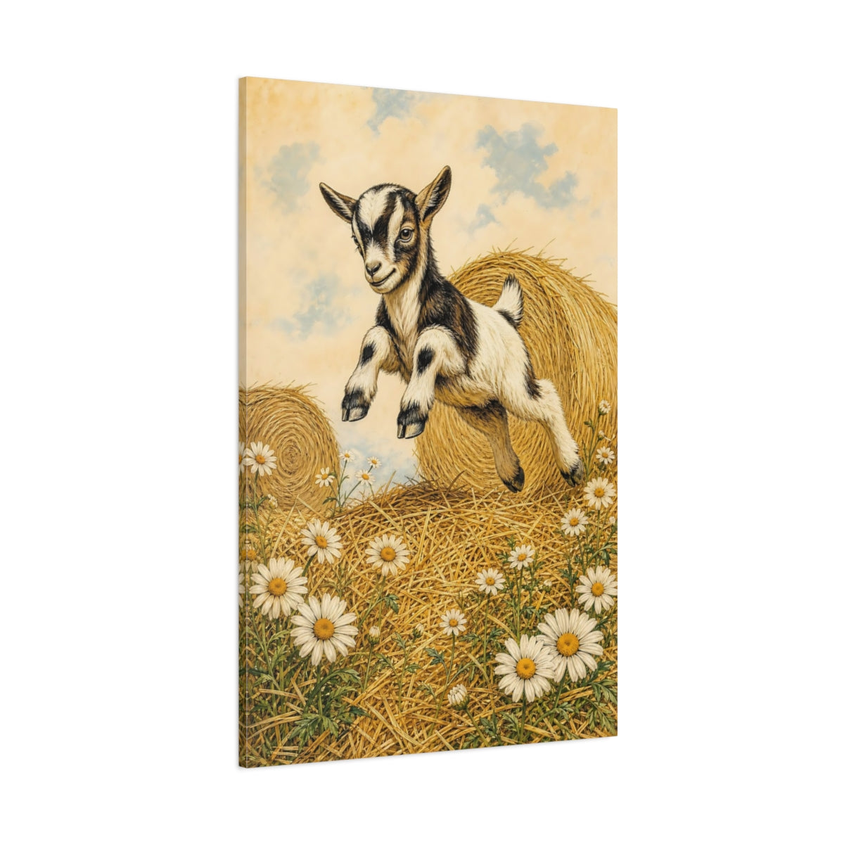 Side Mockup 1. Animals Baby Goat Brown And White Goat shown as stretched canvas wall art