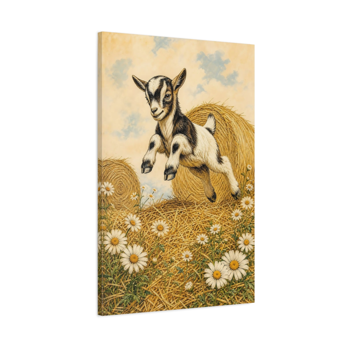 Main Mockup. Animals Baby Goat Brown And White Goat shown as stretched canvas wall art