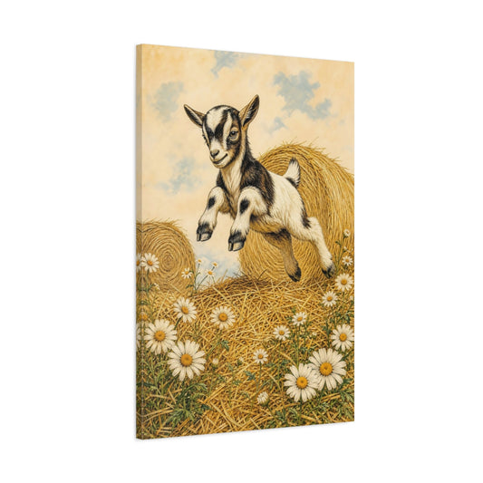 Main Mockup. Animals Baby Goat Brown And White Goat shown as stretched canvas wall art