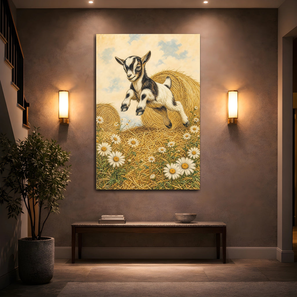 Mockup 2. Animals Baby Goat Brown And White Goat shown as stretched canvas wall art