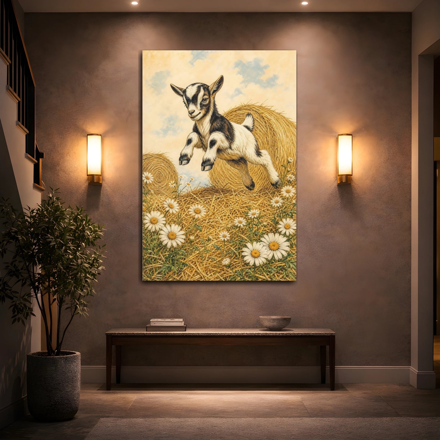 Mockup 2. Animals Baby Goat Brown And White Goat shown as stretched canvas wall art