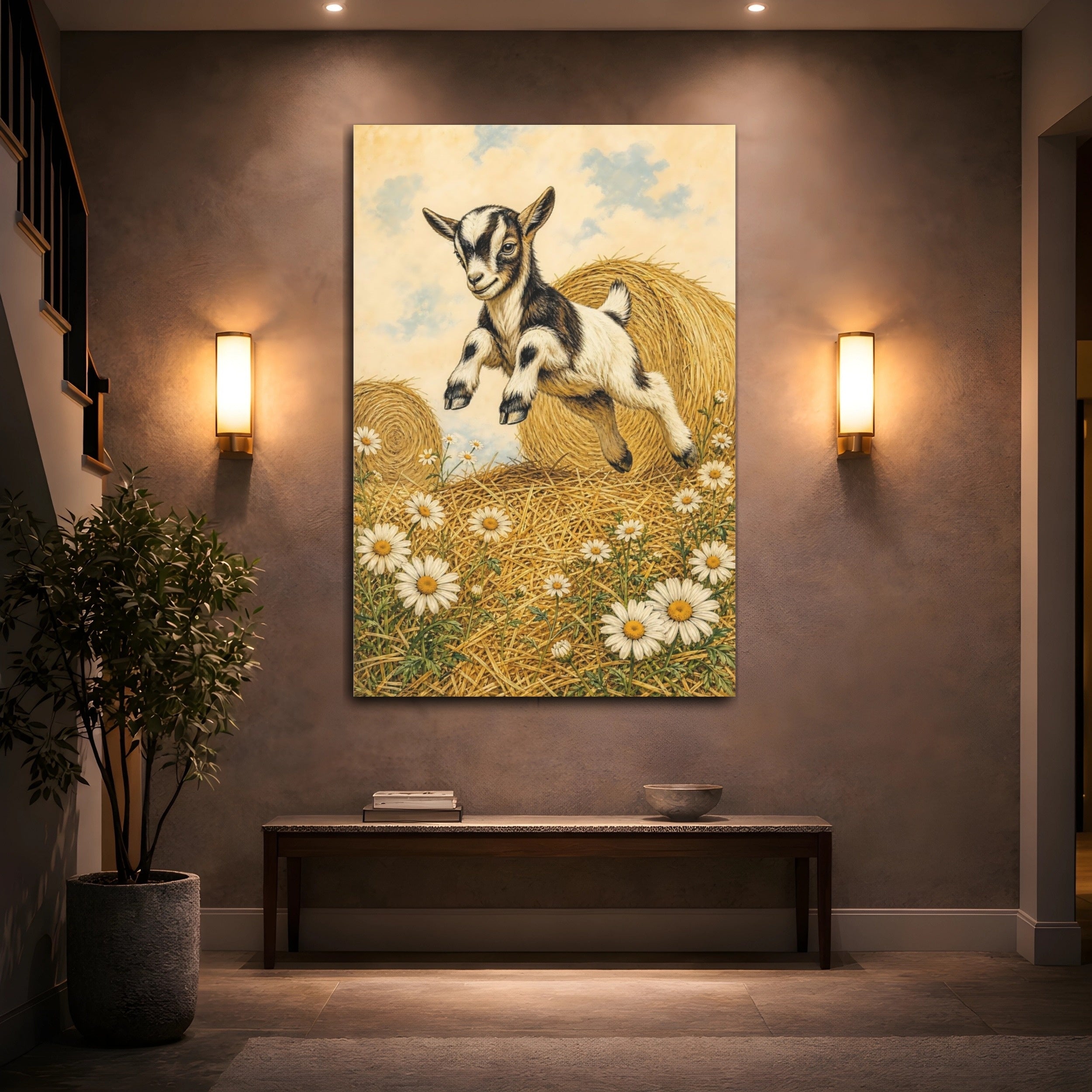 Mockup 2. Animals Baby Goat Brown And White Goat shown as stretched canvas wall art