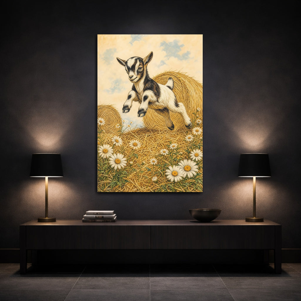 Mockup 3. Animals Baby Goat Brown And White Goat shown as stretched canvas wall art