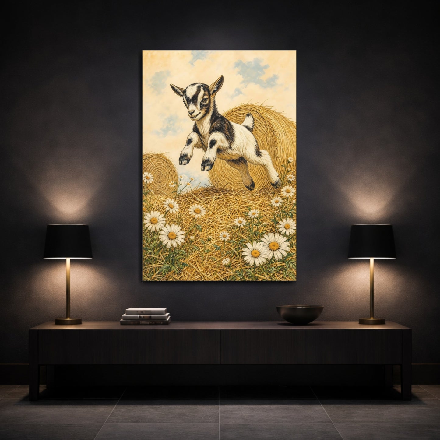Mockup 3. Animals Baby Goat Brown And White Goat shown as stretched canvas wall art