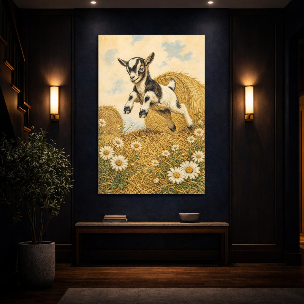 Mockup 4. Animals Baby Goat Brown And White Goat shown as stretched canvas wall art