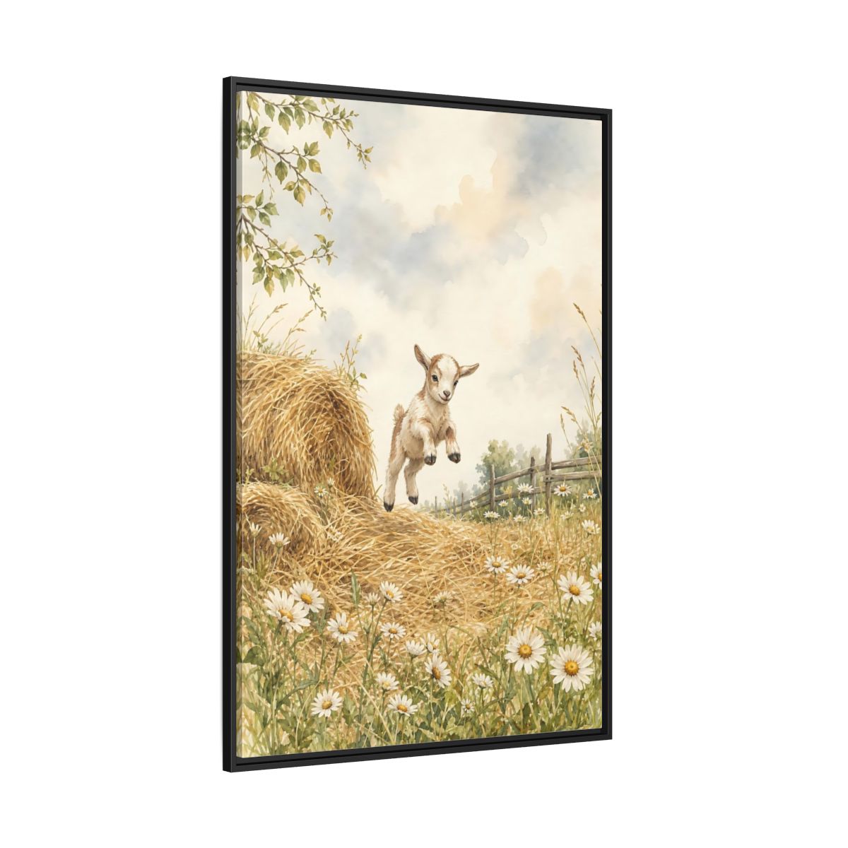 Side Mockup 12. Animals Baby Goat Baby Goat Meadow shown as stretched canvas wall art