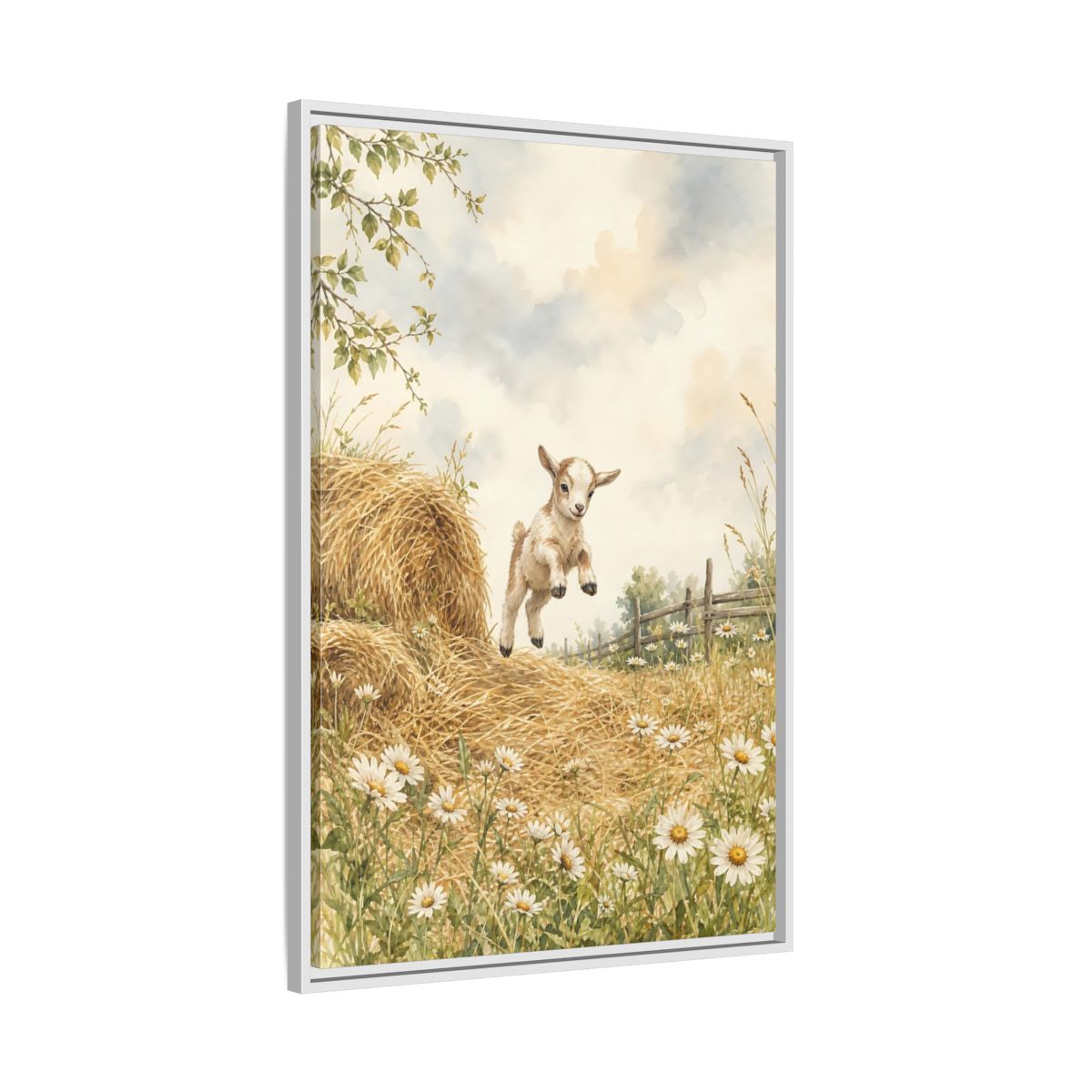 Side Mockup 9. Animals Baby Goat Baby Goat Meadow shown as stretched canvas wall art
