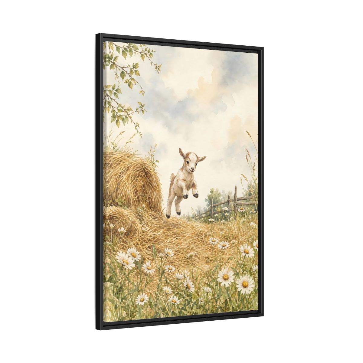 Side Mockup 13. Animals Baby Goat Baby Goat Meadow shown as stretched canvas wall art