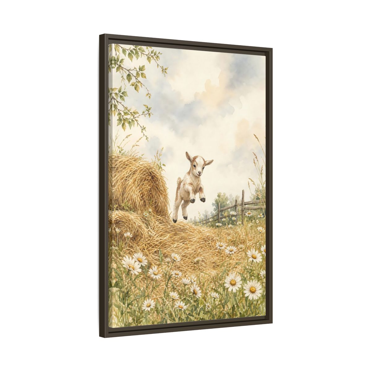 Side Mockup 11. Animals Baby Goat Baby Goat Meadow shown as stretched canvas wall art