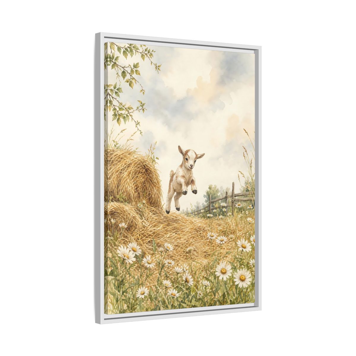 Side Mockup 10. Animals Baby Goat Baby Goat Meadow shown as stretched canvas wall art