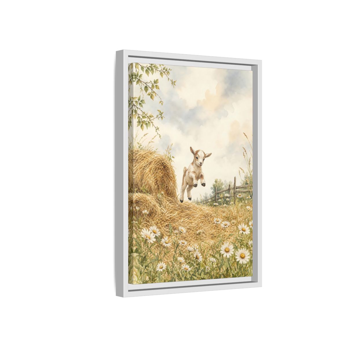 Side Mockup 4. Animals Baby Goat Baby Goat Meadow shown as stretched canvas wall art