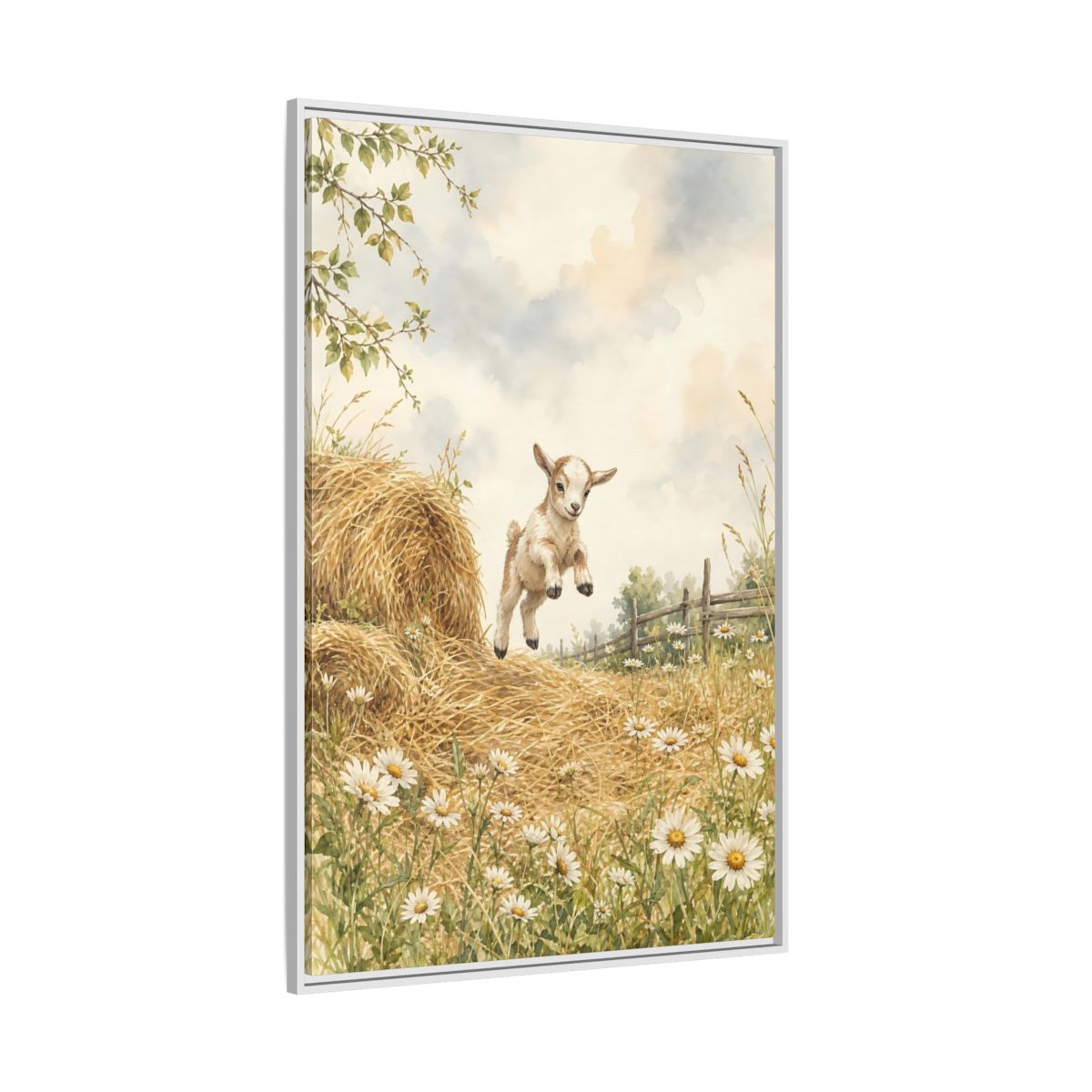 Side Mockup 7. Animals Baby Goat Baby Goat Meadow shown as stretched canvas wall art