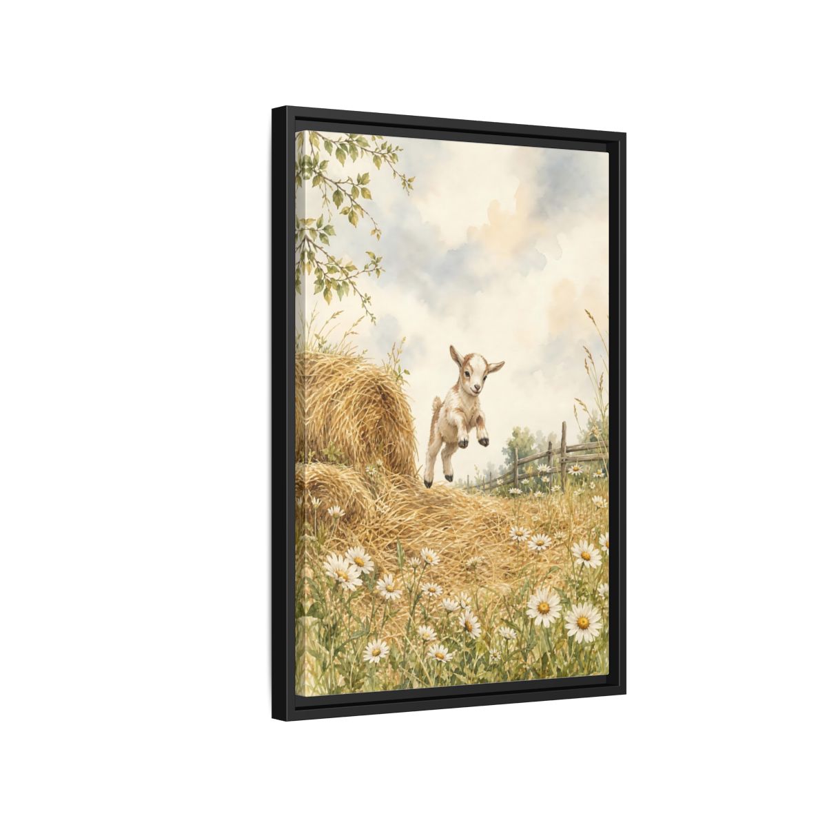 Side Mockup 3. Animals Baby Goat Baby Goat Meadow shown as stretched canvas wall art