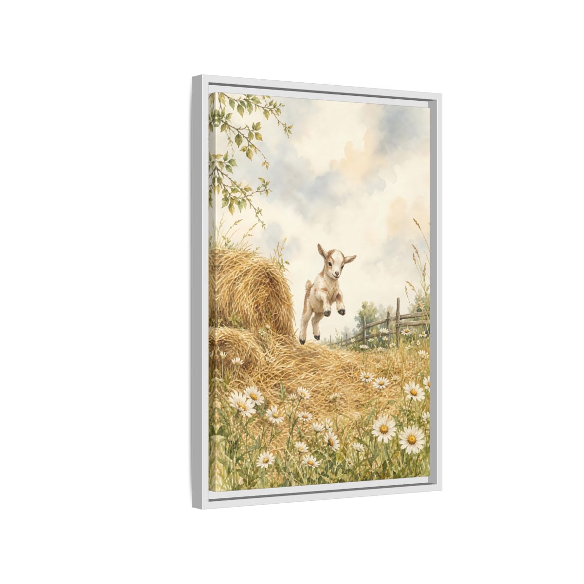 Side Mockup 1. Animals Baby Goat Baby Goat Meadow shown as stretched canvas wall art