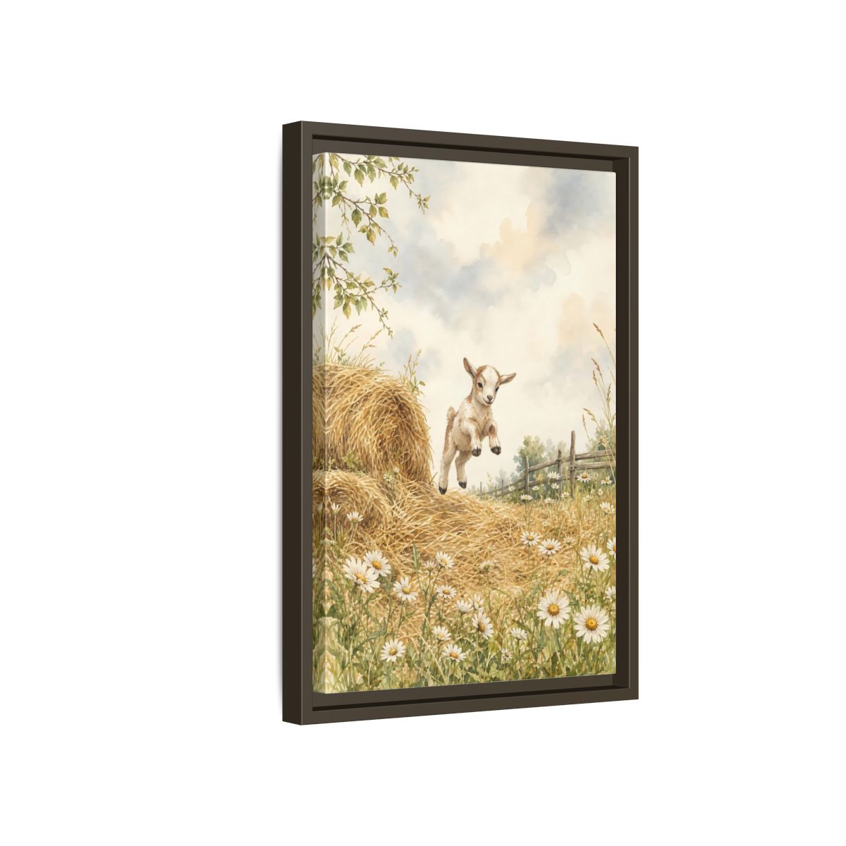 Side Mockup 5. Animals Baby Goat Baby Goat Meadow shown as stretched canvas wall art