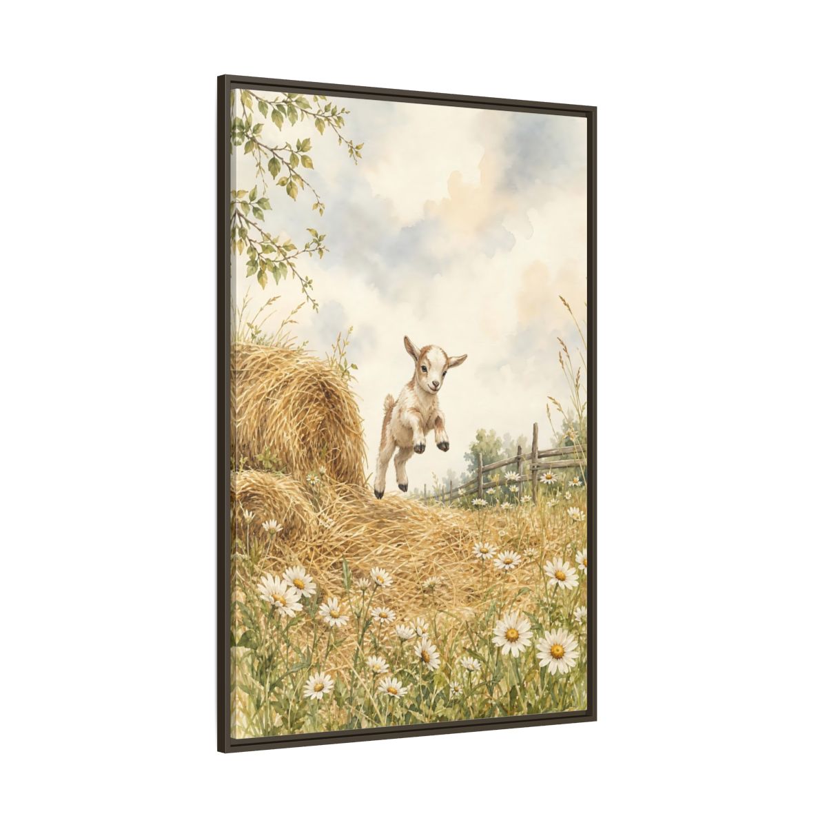 Side Mockup 8. Animals Baby Goat Baby Goat Meadow shown as stretched canvas wall art