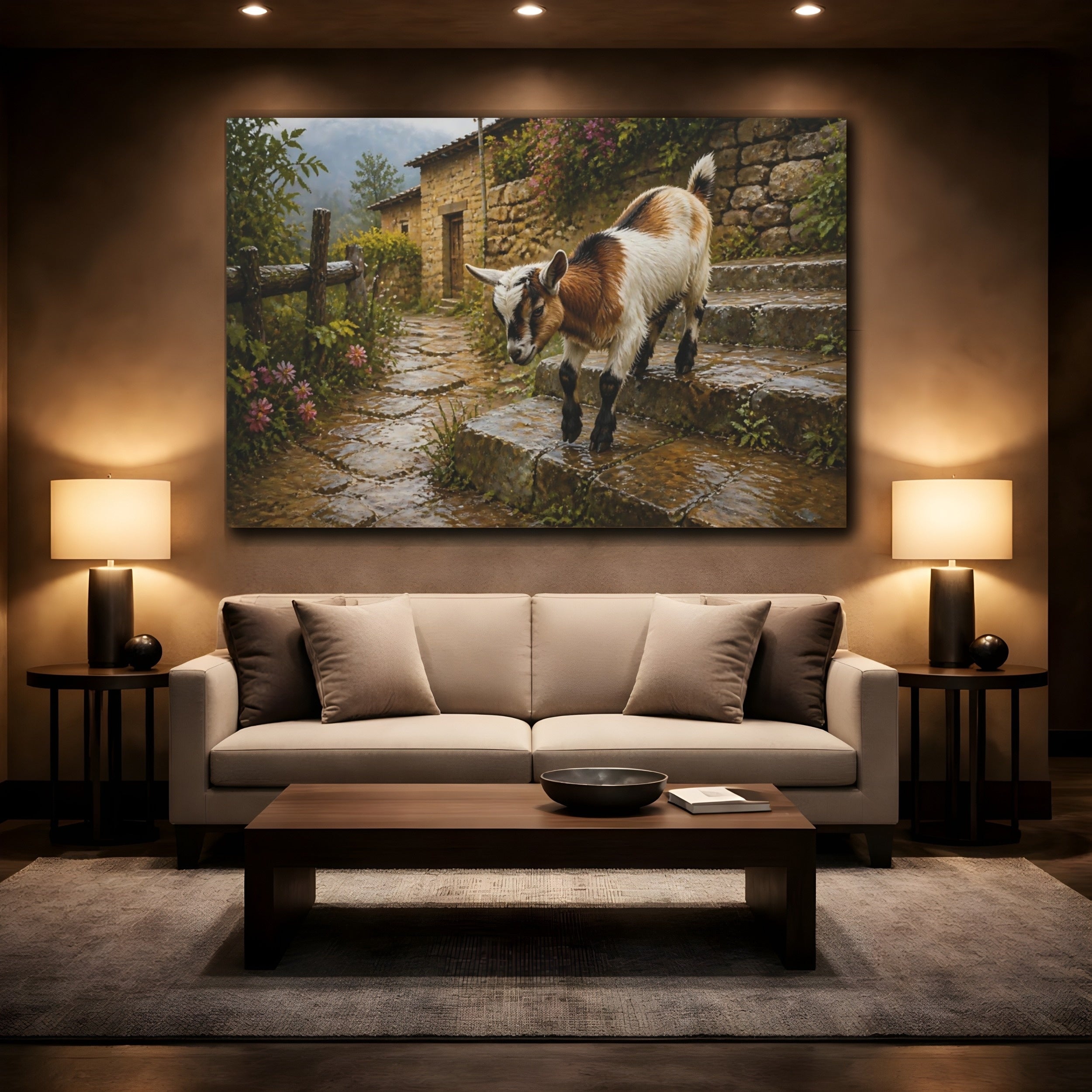 Mockup 2. Animals Baby Goat Rustic Baby Goat shown as stretched canvas wall art