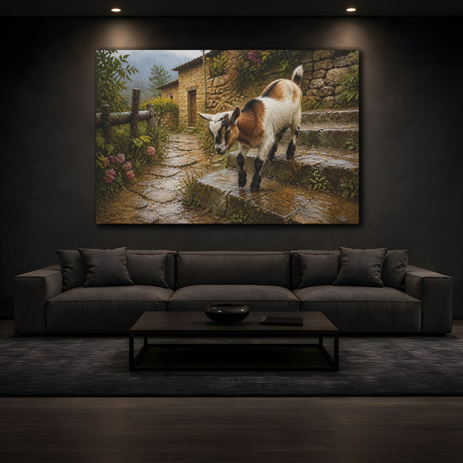 Mockup 3. Animals Baby Goat Rustic Baby Goat shown as stretched canvas wall art