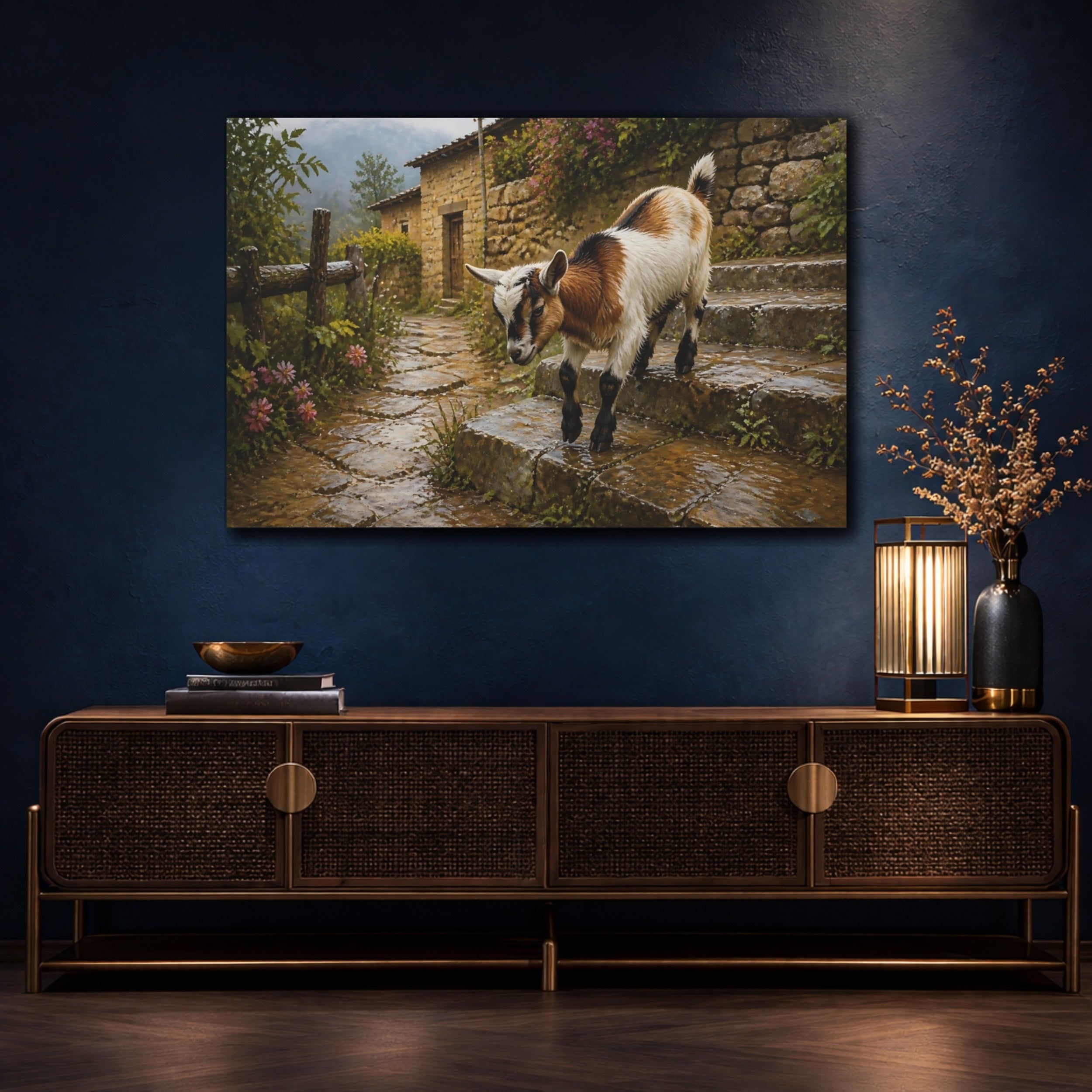 Mockup 4. Animals Baby Goat Rustic Baby Goat shown as stretched canvas wall art
