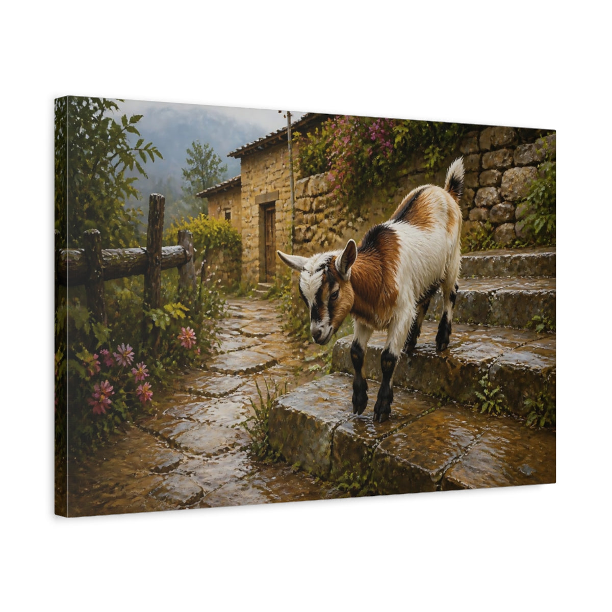 Side Mockup 3. Animals Baby Goat Rustic Baby Goat shown as stretched canvas wall art