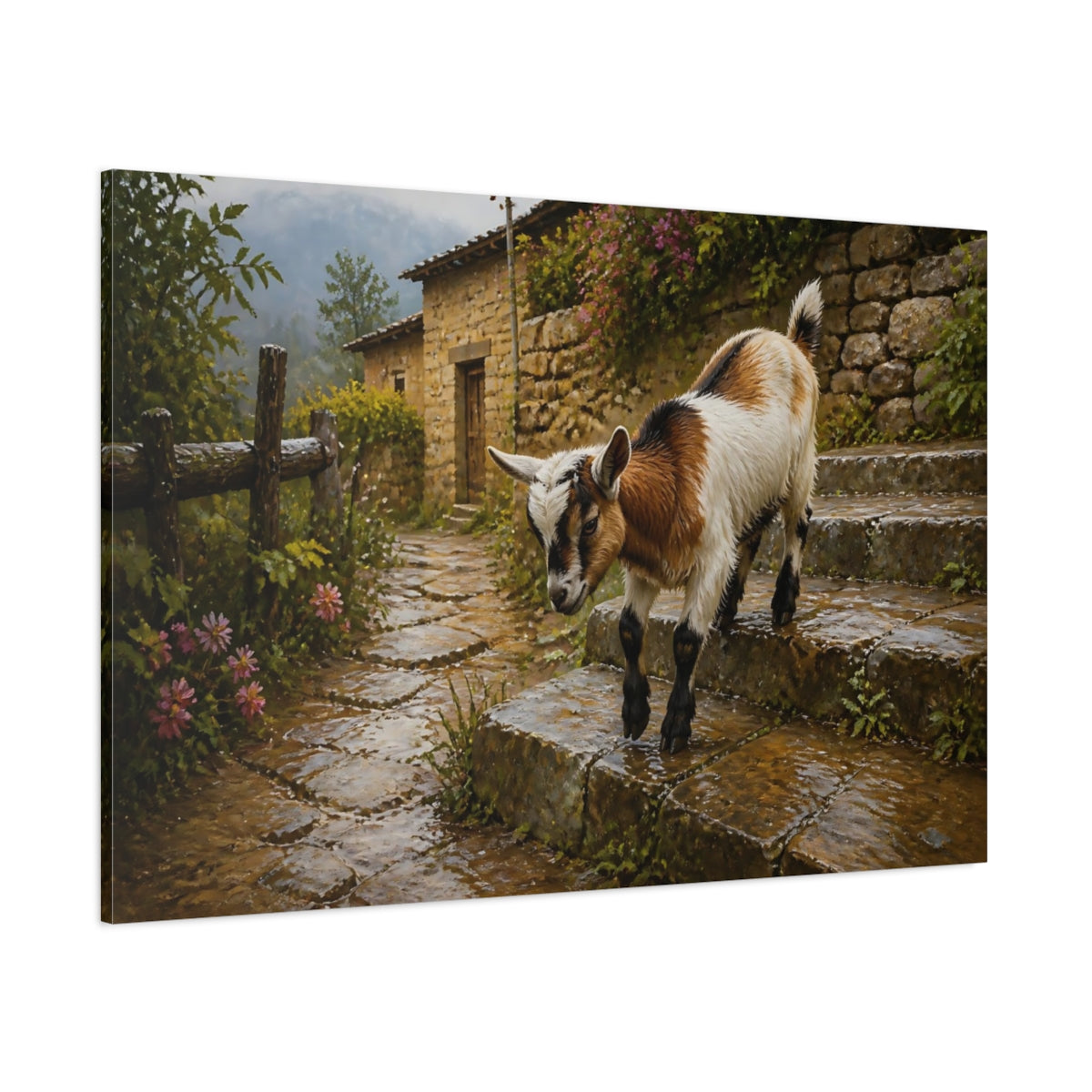Side Mockup 1. Animals Baby Goat Rustic Baby Goat shown as stretched canvas wall art