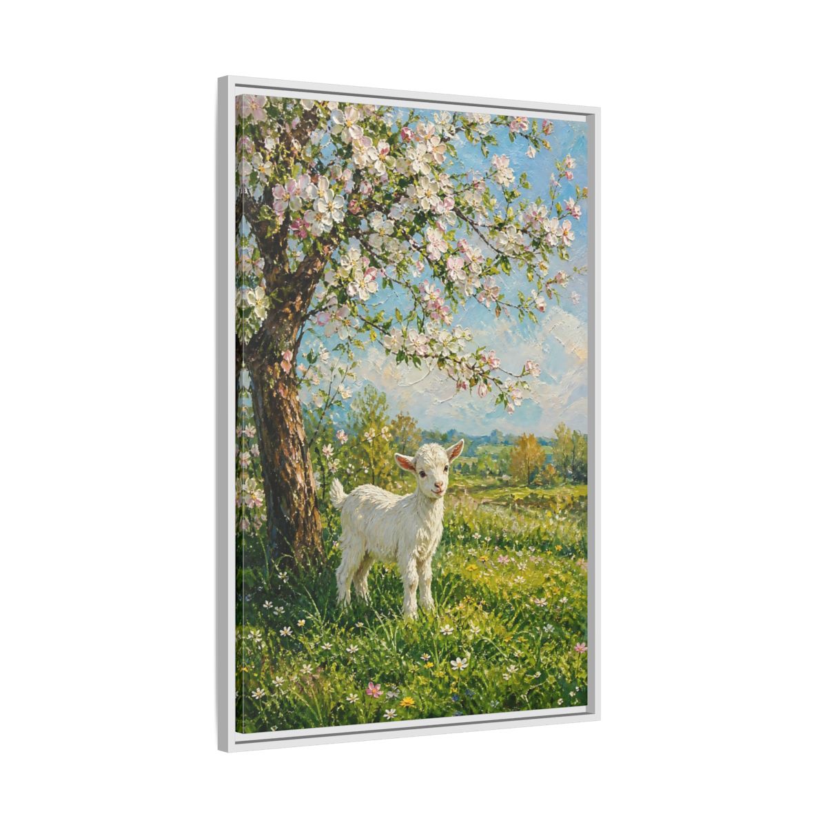 Side Mockup 9. Animals Baby Goat Spring Meadow Goat shown as stretched canvas wall art
