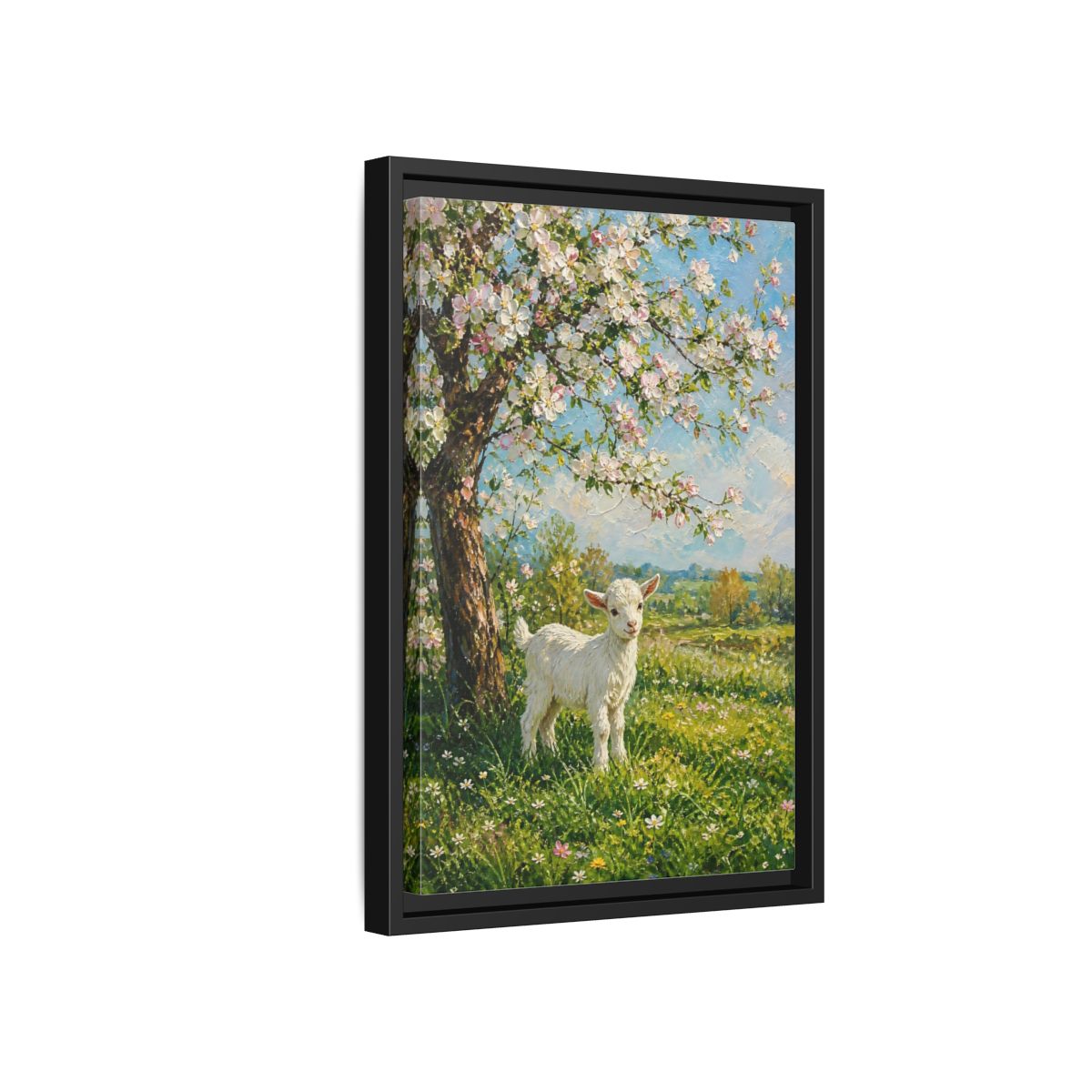 Side Mockup 6. Animals Baby Goat Spring Meadow Goat shown as stretched canvas wall art
