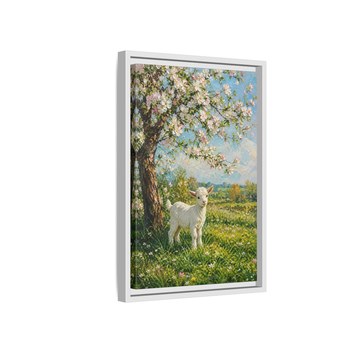 Side Mockup 4. Animals Baby Goat Spring Meadow Goat shown as stretched canvas wall art