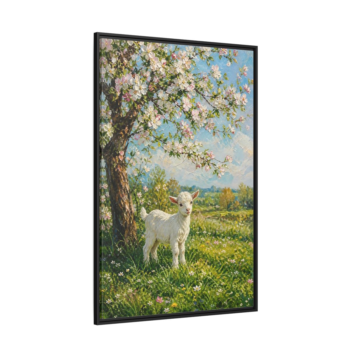Side Mockup 12. Animals Baby Goat Spring Meadow Goat shown as stretched canvas wall art